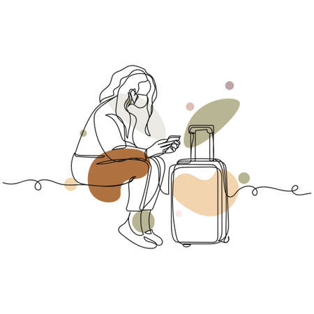 Continuous one simple single abstract line drawing of woman wearing a mask for prevent virus with baggage icon in silhouette on a white background. Linear stylized.のイラスト素材