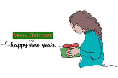 Vector abstract continuous one single simple line drawing icon of congratulation woman with gift box christmas new year text in silhouette sketch.のイラスト素材