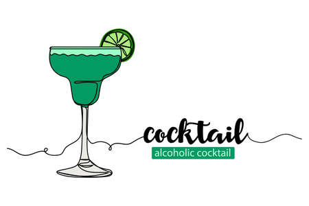 Continuous one simple single line drawing of alcoholic cocktail summer drink icon in silhouette on a white background. Linear stylized.のイラスト素材
