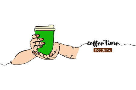 Continuous one simple single line drawing of hands holding takeaway coffee cup icon sketch in silhouette on a white background. Linear stylized.のイラスト素材