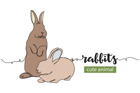 Continuous one simple single line drawing of rabbits icon in silhouette on a white background. Linear stylized.のイラスト素材