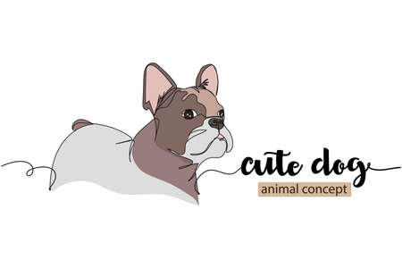 Continuous one simple single abstract line drawing of bulldog portrait animal sketch concept in silhouette on a white background. Linear stylized.のイラスト素材