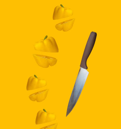 Fresh ripe yellow bell peppers and a kitchen knife flying in the air isolated on a yellow background. Levitation food concept, high resolution imageの写真素材