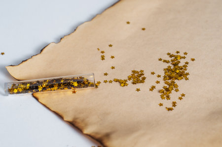 Flat lay composition with empty Santa's list and Christmas decoration on white backgroundの写真素材