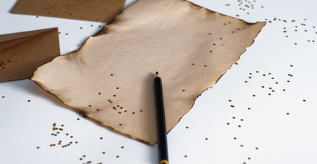 Letter to Santa Claus. Selective focus. Paper on white background with New Year decoration top view mockup space for textの写真素材