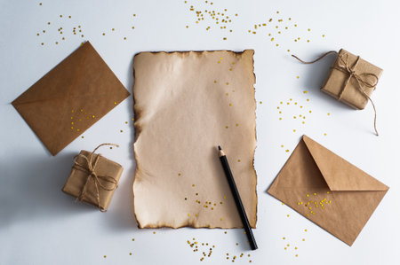 Letter to Santa Claus. Selective focus. Paper on white background with New Year decoration top view...