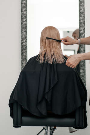 hairdresser hand with scissors making haircut and hair dye on client closeup photoの写真素材