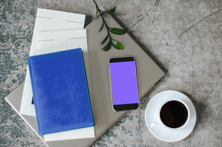 diary, smartphone, coffee, pen - work at home concept, freelance.の写真素材