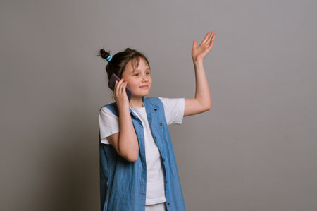 A smiling girl of eight years old holds a pink telephone in her hands on a gray backgroundの写真素材