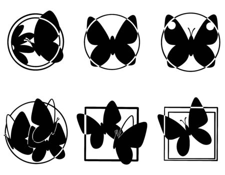 6 butterflies icons in black and white, base for a logo.のイラスト素材