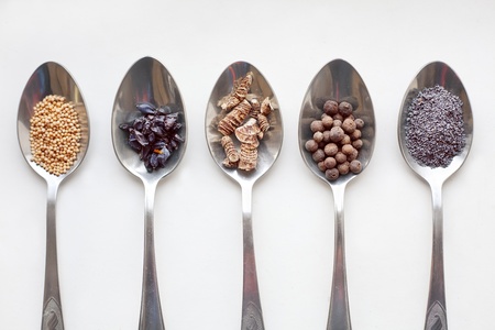 Spices in metal spoons 