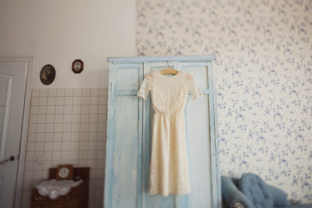 wedding dress bridal and white cat in roomの写真素材
