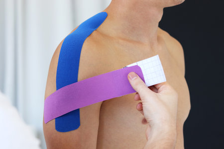 Kinesiology taping. Physical therapist applying kinesiology tape to patient shoulder. Male therapist treating injured shoulder of male athlete. Post traumatic rehabilitation, sport physical therapy.の写真素材