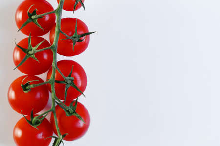 Ripe fresh juicy organic cherry tomatoes on branch isolated on a white backgroundの写真素材