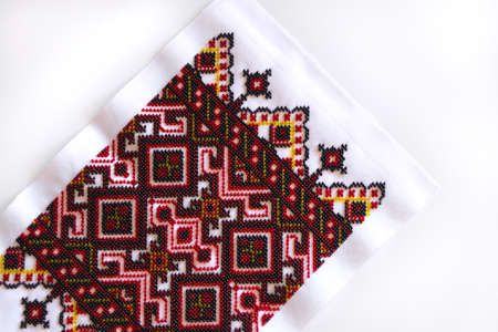 Ukrainian folk embroidery on white background, close upの写真素材