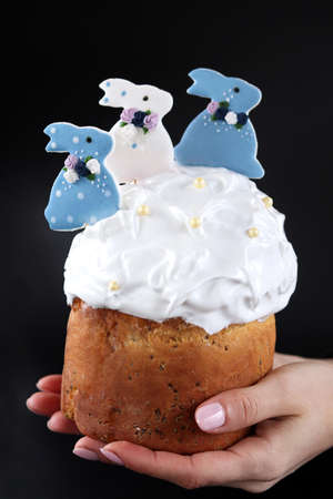 Easter cake with rabbits in female hands on black background