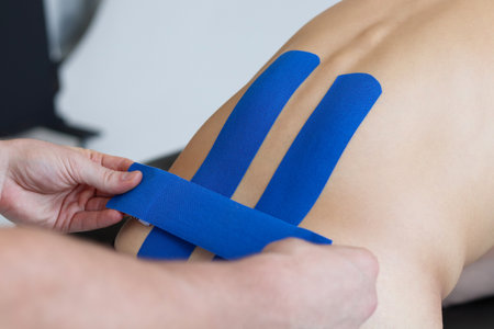 Physical therapist applying blue kinesio tape on male patient's lower back. Kinesiology, physical therapy, rehabilitation concept.の写真素材