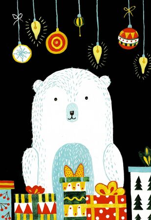 Polar bear cartoon character. A Cute Polar bear hat illustration for Merry Christmas and Happy New Year invitation card.の写真素材