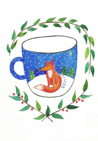 Cute, fun cozy winter cards. Hand drawn holiday postcards, poster, invitation design. hello winter. illustration. Christmas illustration of a mug with a foxの写真素材