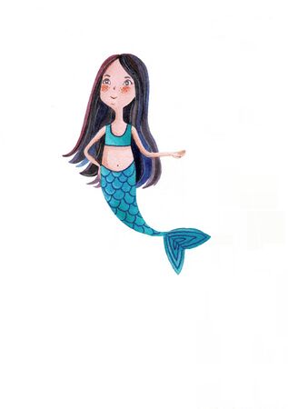 Cute Mermaid watercolor cartoon hand drawn illustration. Can be used for baby t-shirt print, fashion print design, kids wear, baby shower celebration greeting and invitation cardの写真素材