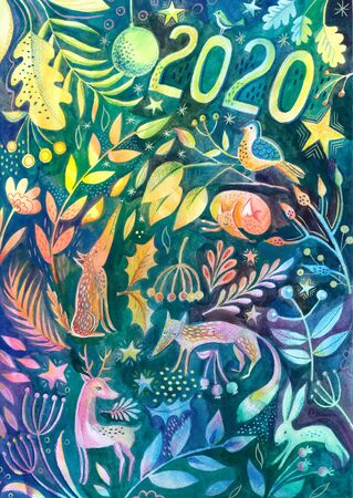 Funny watercolor forest animals and plants set. Hand painted bear, fox, wolf, deer, hedgehog, hare and mosquito isolated on white. Ideal for baby print, poster or nursery designの写真素材