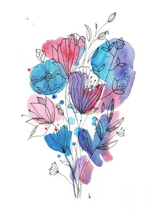 Bright blue and pink flowers, watercolor.の写真素材