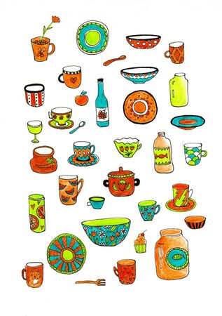 Illustration with mugs and plates on a white backgroundの写真素材