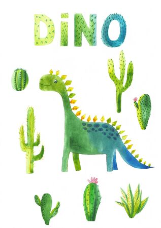 Green cute dinosaur in cartoon style.の写真素材
