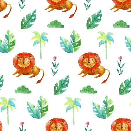 Seamless pattern, lions and watercolor plantsの写真素材