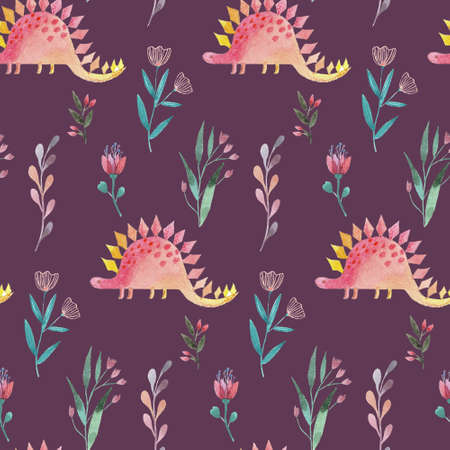Watercolor seamless pattern with dinosaurs, trees, plants. The texture of the prehistoric period for packaging, scrapbooking, wallpaper.の写真素材