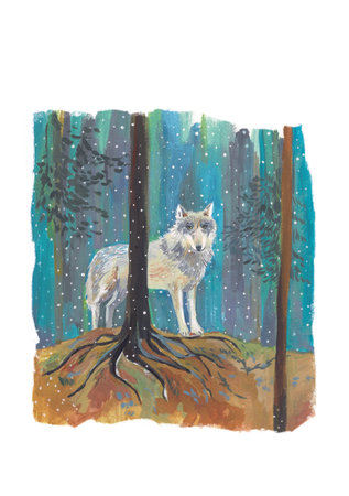 Watercolor illustration of a wolf in the forest.