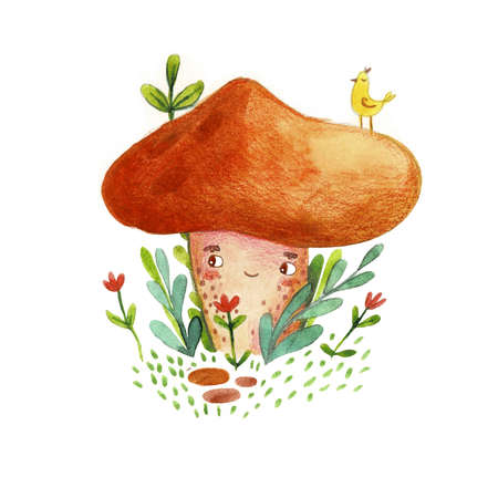 Watercolor character mushroom, on a white background.の写真素材