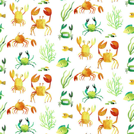 Watercolor pattern with crab fish and seaweedの写真素材