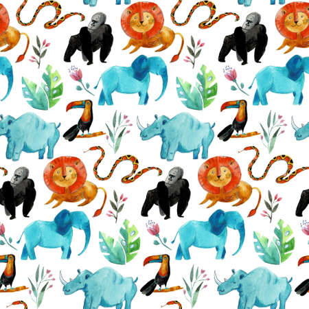 Cute seamless pattern with safari animals, and tropical plants. Endless background in childish style for fabric, textile, kidsの写真素材