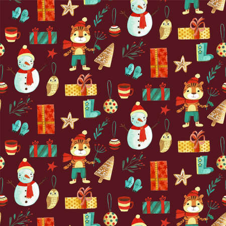 Christmas pattern with gifts and snowmen.の写真素材
