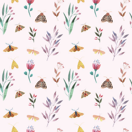 Delicate botanical watercolor pattern with butterflies.の写真素材