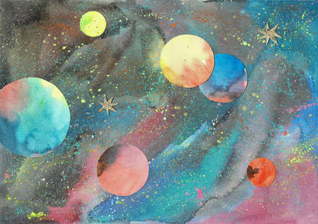 Watercolor illustration of space with planets.の写真素材