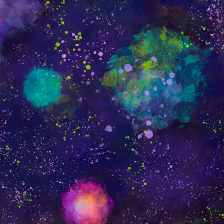 Colorful space background with planets, galaxy, comets and stars in cartoon style.