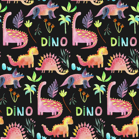 Abstract seamless pattern with dinosaur for fabric design. Watercolour drawing. Animal hand drawn background with floral elements. Fabric wallpaper print texture. Cute dino design.の写真素材