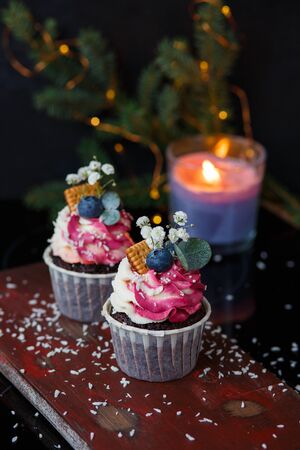 Chocolate cupcakes with mascarpone cream and blueberries on a white background. Vertical photo. Bakeryの写真素材