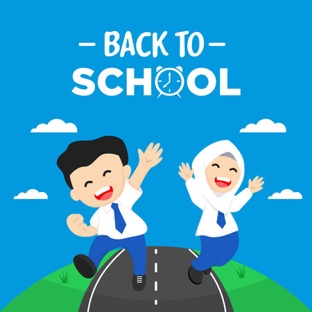 Back to school concept. Children running on the road. Vector illustration.のイラスト素材