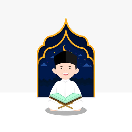 Vector illustration of Ramadan Kareem greeting card with muslim man prayingのイラスト素材