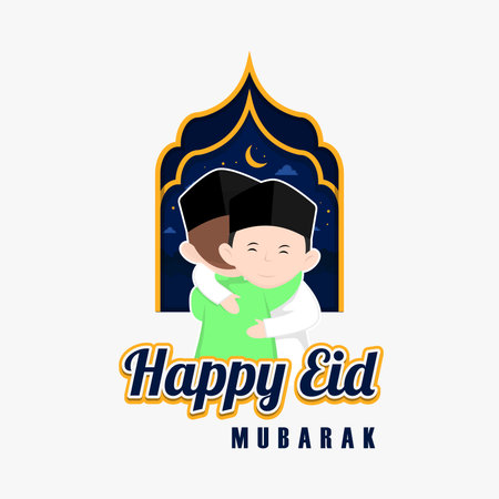 Happy Eid Mubarak greeting card with cute cartoon muslim boy praying.のイラスト素材