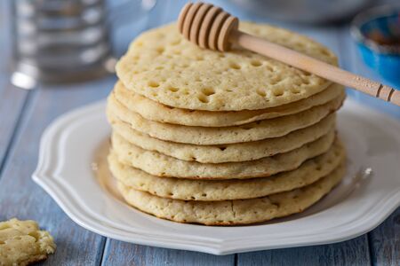 Moroccan pancakes Baghrir or Beghrir or crapes can also be named Lahoh with 1000 holes served with...