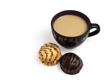 Coffee cappuccino and cookies isolated over white backgroundの写真素材