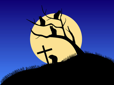 Cats on a tree against the moonのイラスト素材
