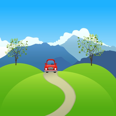 Red car traveling on the road against the backdrop of the mountainsのイラスト素材