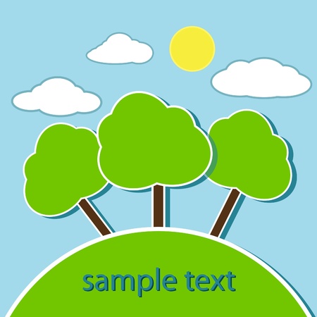 Cartoon landscape with trees, clouds and sunのイラスト素材