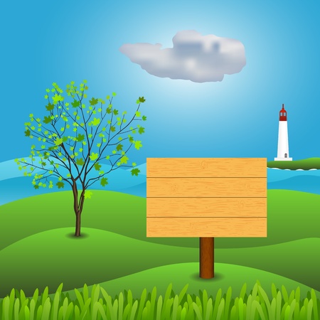 Wooden sign on a background of greenery and the seaのイラスト素材