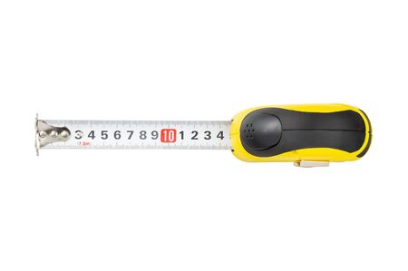Yellow measuring tape isolated on white background, top viewの写真素材